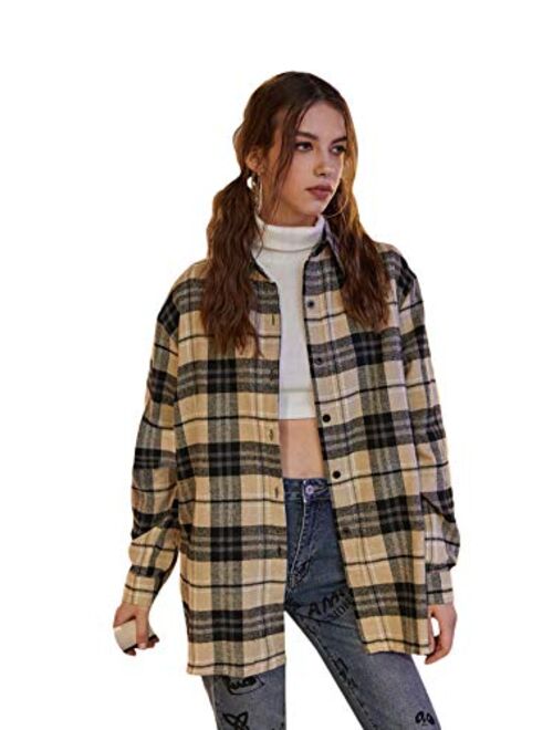 SweatyRocks Women's Long Sleeve Collar Long Button Down Plaid Shirt Blouse Tops