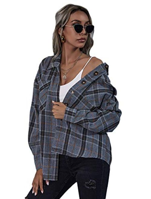 SweatyRocks Women's Long Sleeve Collar Long Button Down Plaid Shirt Blouse Tops