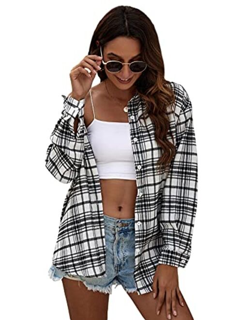 SweatyRocks Women's Long Sleeve Collar Long Button Down Plaid Shirt Blouse Tops