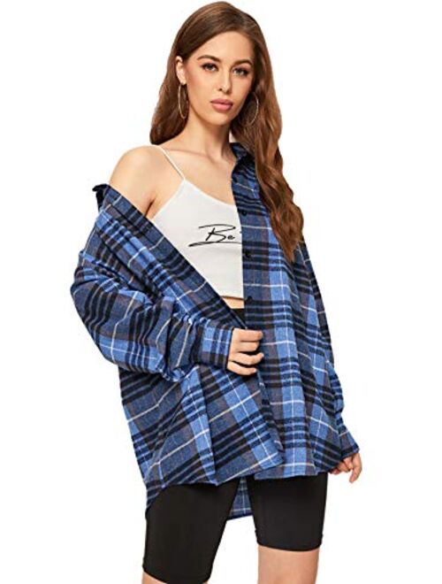 SweatyRocks Women's Long Sleeve Collar Long Button Down Plaid Shirt Blouse Tops