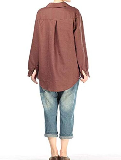 Minibee Women's Casual Cotton Linen Blouse Plus Size High Low Shirt Long Sleeve Tops