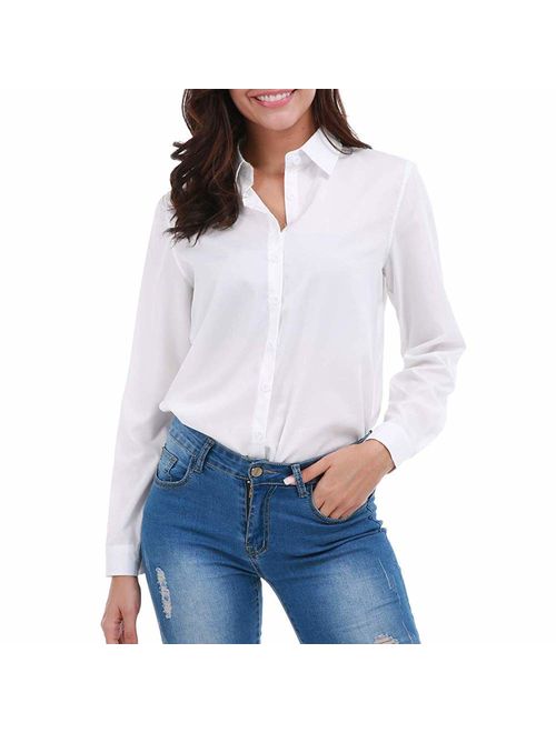 SUNNOW Women Slim Shirt V Neck Long Sleeve Collared Button-Down Blouse