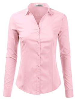 Doublju Basic Slim Fit Long Sleeve Button Down Collared Shirts for Women with Plus Size