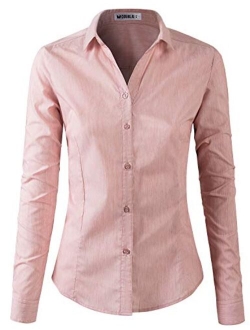 Doublju Basic Slim Fit Long Sleeve Button Down Collared Shirts for Women with Plus Size