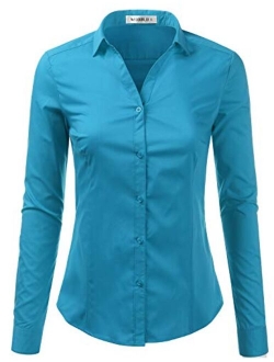 Doublju Basic Slim Fit Long Sleeve Button Down Collared Shirts for Women with Plus Size