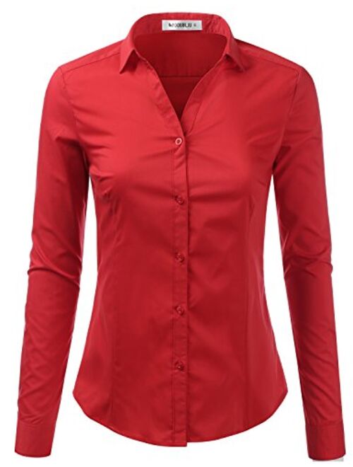 Doublju Basic Slim Fit Long Sleeve Button Down Collared Shirts for Women with Plus Size