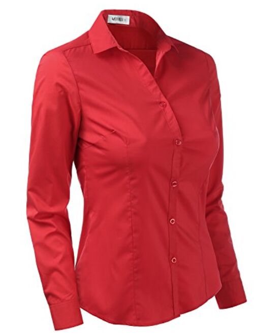 Doublju Basic Slim Fit Long Sleeve Button Down Collared Shirts for Women with Plus Size