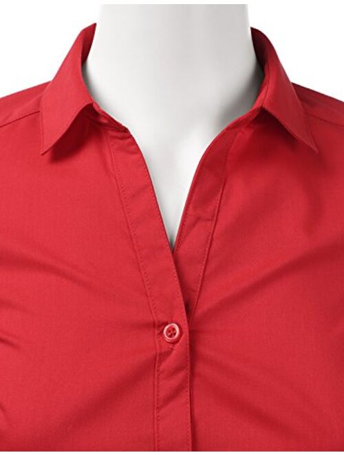 Doublju Basic Slim Fit Long Sleeve Button Down Collared Shirts for Women with Plus Size