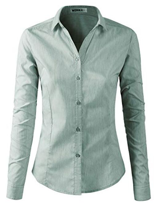 Doublju Basic Slim Fit Long Sleeve Button Down Collared Shirts for Women with Plus Size