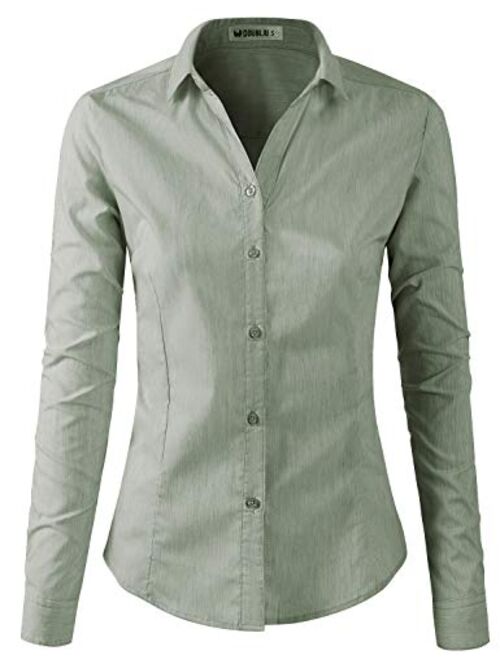 Doublju Basic Slim Fit Long Sleeve Button Down Collared Shirts for Women with Plus Size