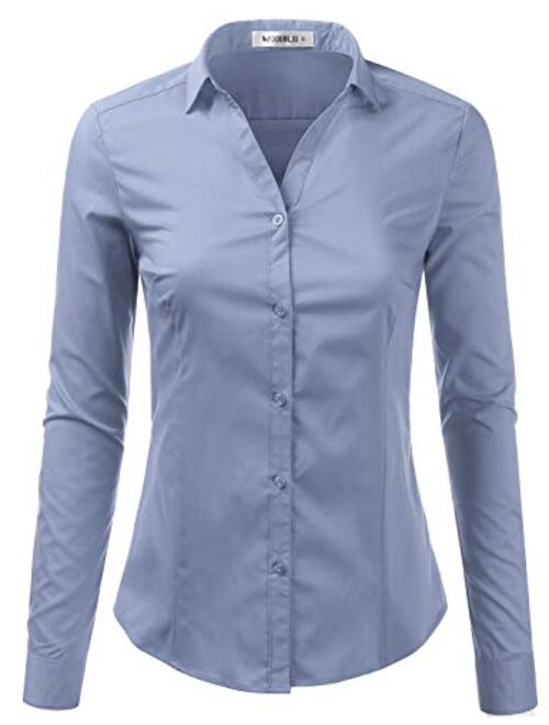 Doublju Basic Slim Fit Long Sleeve Button Down Collared Shirts for Women with Plus Size