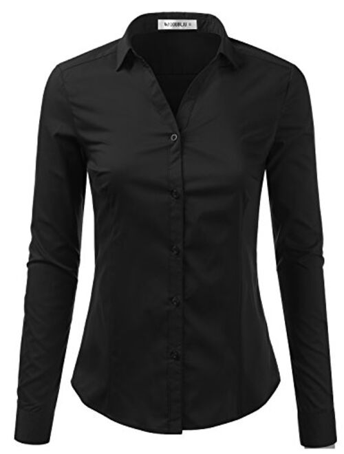 Doublju Basic Slim Fit Long Sleeve Button Down Collared Shirts for Women with Plus Size