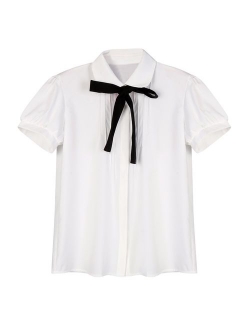 ETOSELL Lady Bowknot Baby Peter Pan Collar Shirt Womens Long Sleeve OL Button-Down Shirts White Blouses