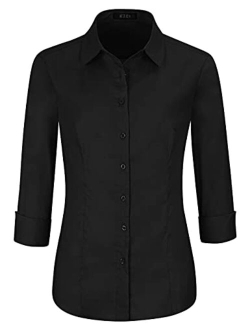 EZEN Womens Slim-Fit Long Sleeve Stretchy Button Down Collar Office Formal Casual Shirt Blouse