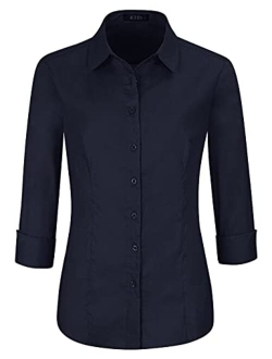 EZEN Womens Slim-Fit Long Sleeve Stretchy Button Down Collar Office Formal Casual Shirt Blouse