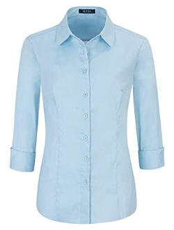 EZEN Womens Slim-Fit Long Sleeve Stretchy Button Down Collar Office Formal Casual Shirt Blouse