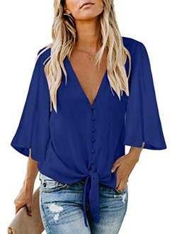 Shawhuwa Womens Button Down V Neck Tops Ruffle Short Sleeve Tie Knot Front Chiffon Shirts Blouses