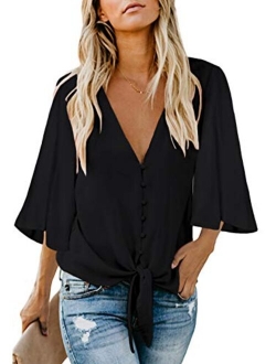 Shawhuwa Womens Button Down V Neck Tops Ruffle Short Sleeve Tie Knot Front Chiffon Shirts Blouses