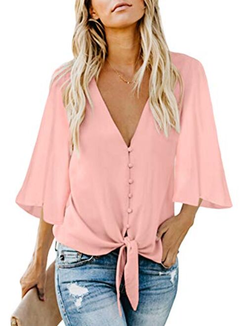 Shawhuwa Womens Button Down V Neck Tops Ruffle Short Sleeve Tie Knot Front Chiffon Shirts Blouses