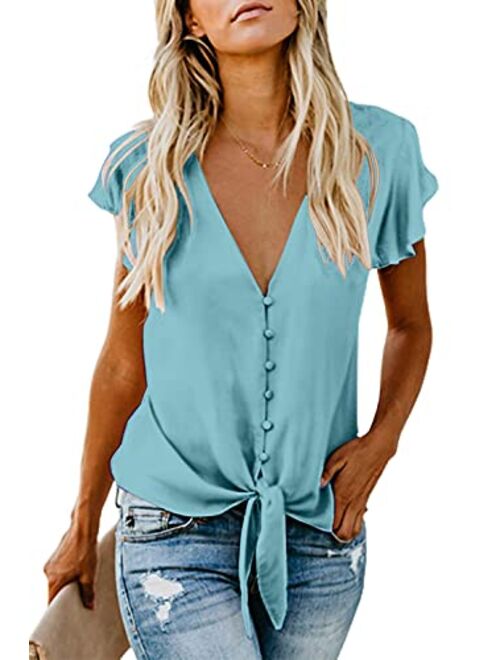 Shawhuwa Womens Button Down V Neck Tops Ruffle Short Sleeve Tie Knot Front Chiffon Shirts Blouses