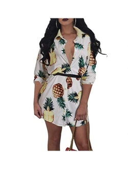 Remelon Womens Floral Print Button Down Collar Long Shirt Dress Blouse Mini Dress