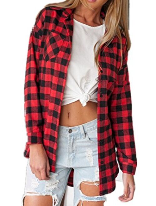 Sorrica Women's Casual Loose Long Sleeve Plaid Flannel Blouse Shirt