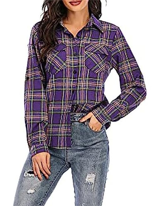 Sorrica Women's Casual Loose Long Sleeve Plaid Flannel Blouse Shirt