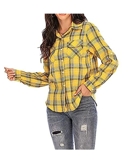 Sorrica Women's Casual Loose Long Sleeve Plaid Flannel Blouse Shirt