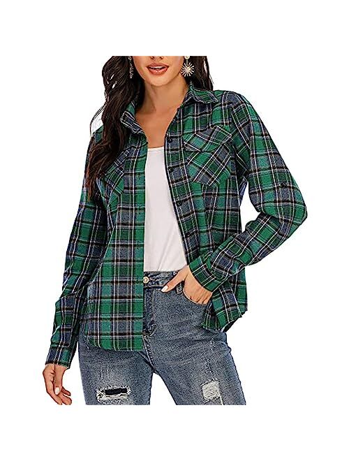 Sorrica Women's Casual Loose Long Sleeve Plaid Flannel Blouse Shirt