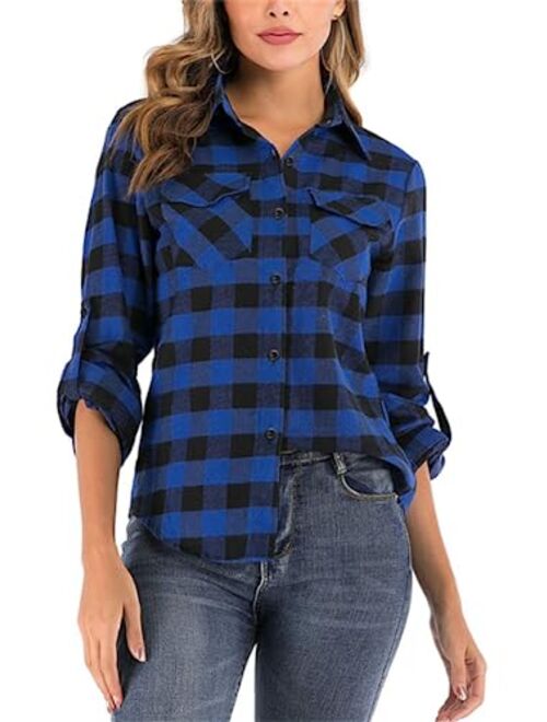 Sorrica Women's Casual Loose Long Sleeve Plaid Flannel Blouse Shirt
