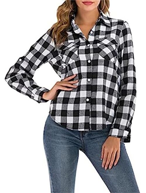 Sorrica Women's Casual Loose Long Sleeve Plaid Flannel Blouse Shirt