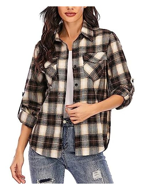 Sorrica Women's Casual Loose Long Sleeve Plaid Flannel Blouse Shirt