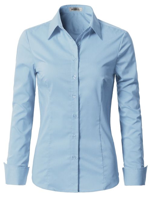 CLOVERY Women's Basic Long Sleeve Slim Fit Button Down Shirt