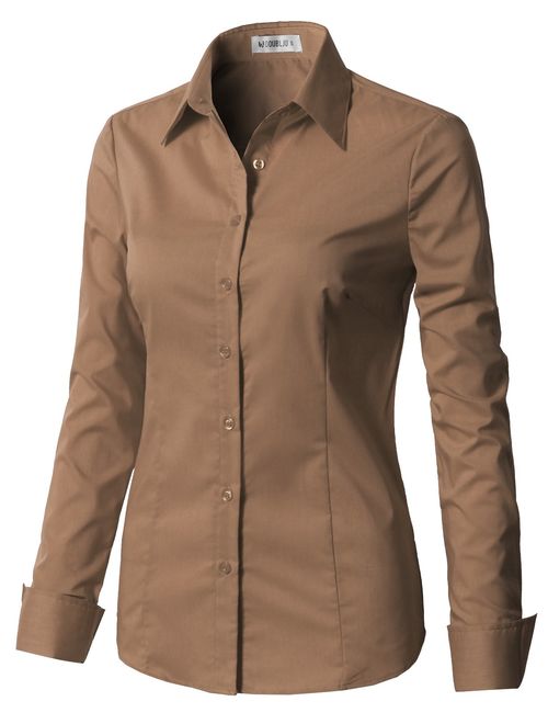 CLOVERY Women's Basic Long Sleeve Slim Fit Button Down Shirt