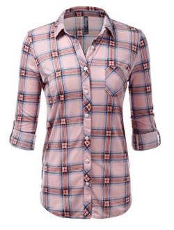 JJ Perfection Women's Long Sleeve Collared Button Down Plaid Flannel Shirt