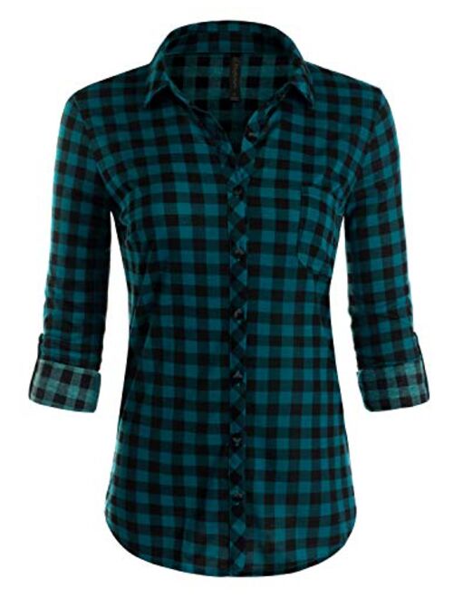 JJ Perfection Women's Long Sleeve Collared Button Down Plaid Flannel Shirt