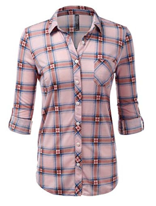 JJ Perfection Women's Long Sleeve Collared Button Down Plaid Flannel Shirt