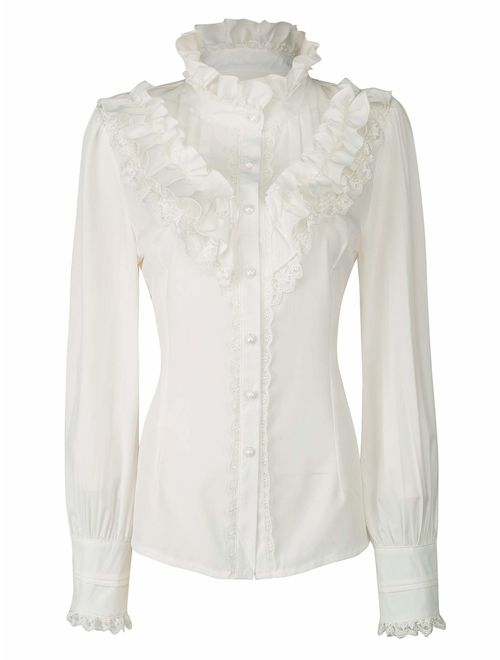 Choies Women's Vintage White with Black Lace Stand-Up Collar Puff Long Sleeve Shirt