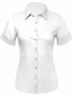 Pier 17 Button Down Shirts for Women, Fitted Short Sleeve Tailored Stretchy Material