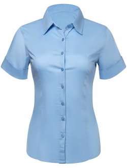 Pier 17 Button Down Shirts for Women, Fitted Short Sleeve Tailored Stretchy Material