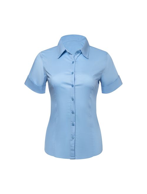 Pier 17 Button Down Shirts for Women, Fitted Short Sleeve Tailored Stretchy Material