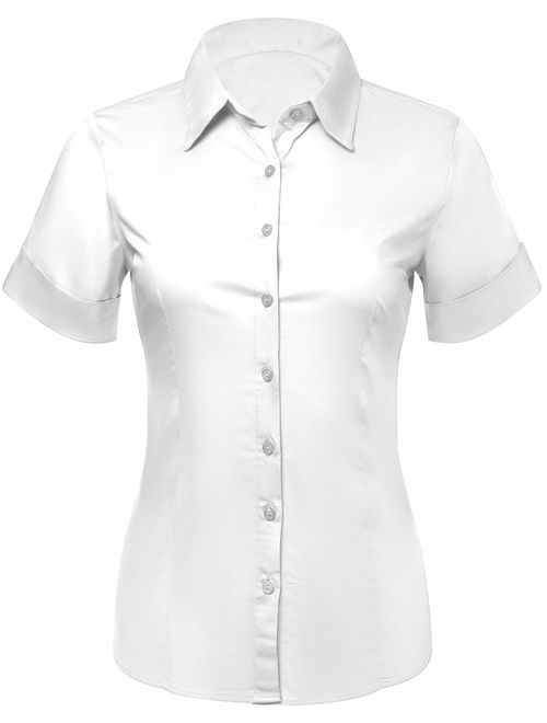 Pier 17 Button Down Shirts for Women, Fitted Short Sleeve Tailored Stretchy Material