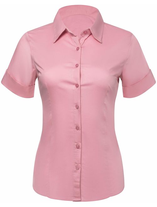 Pier 17 Button Down Shirts for Women, Fitted Short Sleeve Tailored Stretchy Material