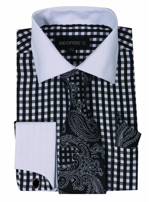 George's Small Check Fashion Shirt with Matching Tie, Hankie and French Cuffs AH615