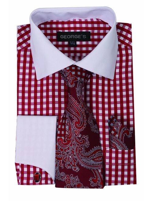 George's Small Check Fashion Shirt with Matching Tie, Hankie and French Cuffs AH615