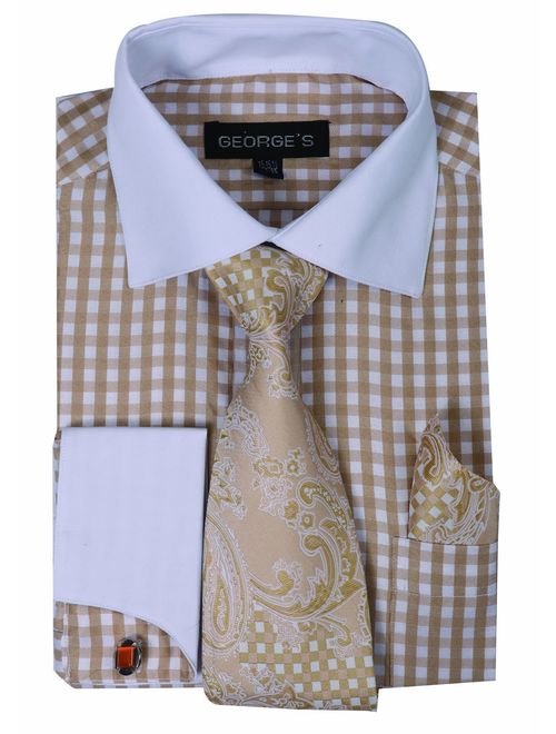 George's Small Check Fashion Shirt with Matching Tie, Hankie and French Cuffs AH615