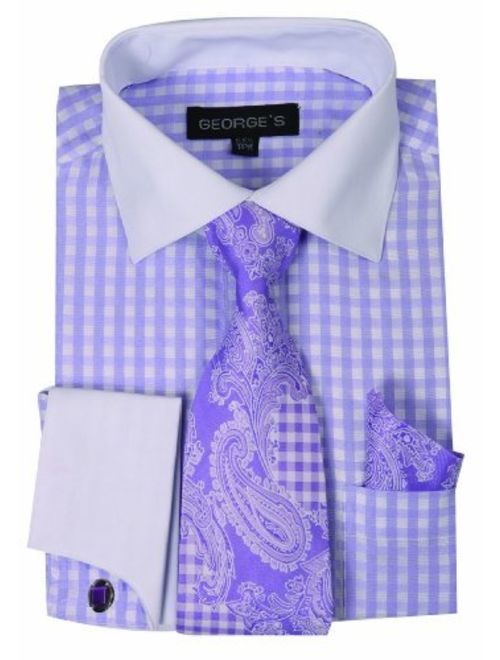 George's Small Check Fashion Shirt with Matching Tie, Hankie and French Cuffs AH615