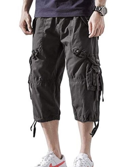 AOYOG Mens Cargo Shorts 3/4 Relaxed Fit Below Knee Capri Cargo Short Cotton