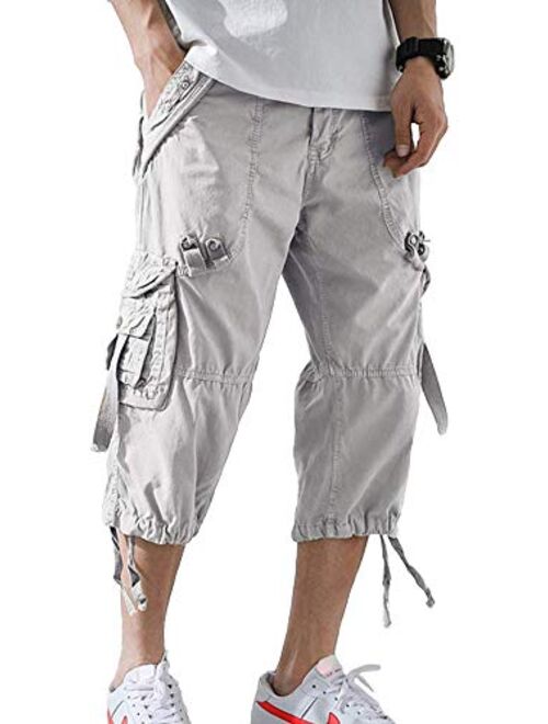 AOYOG Mens Cargo Shorts 3/4 Relaxed Fit Below Knee Capri Cargo Short Cotton