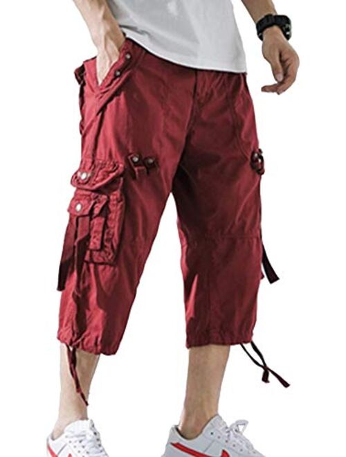 AOYOG Mens Cargo Shorts 3/4 Relaxed Fit Below Knee Capri Cargo Short Cotton